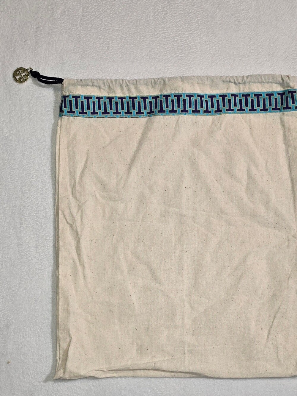 Tory Burch Cream Dust Bag with Blue and Teal Geometric Trim
